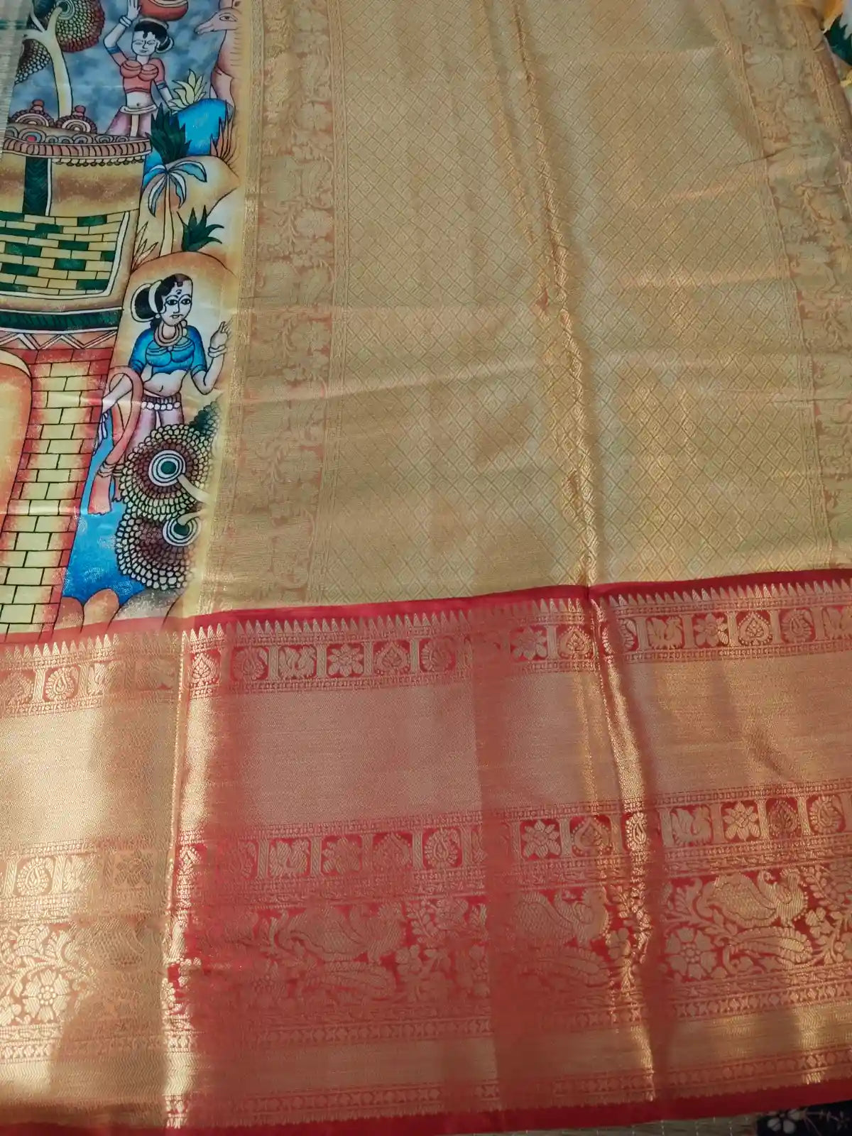 Pallu of Yellow Banarasi Silk Digital Kalamkari Print Saree