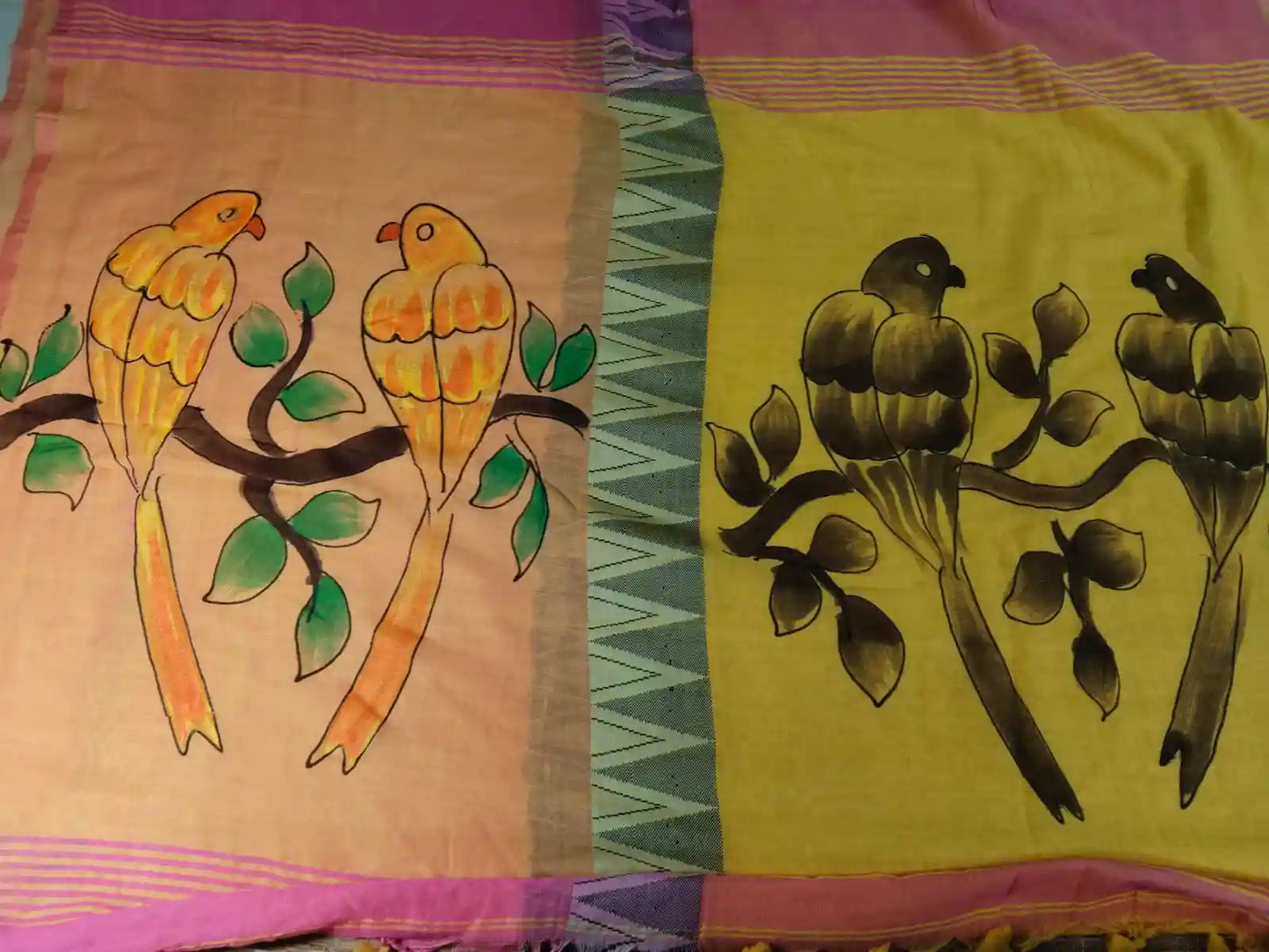 Pallu of Pink & Yellow Hand Painted Cotton Saree