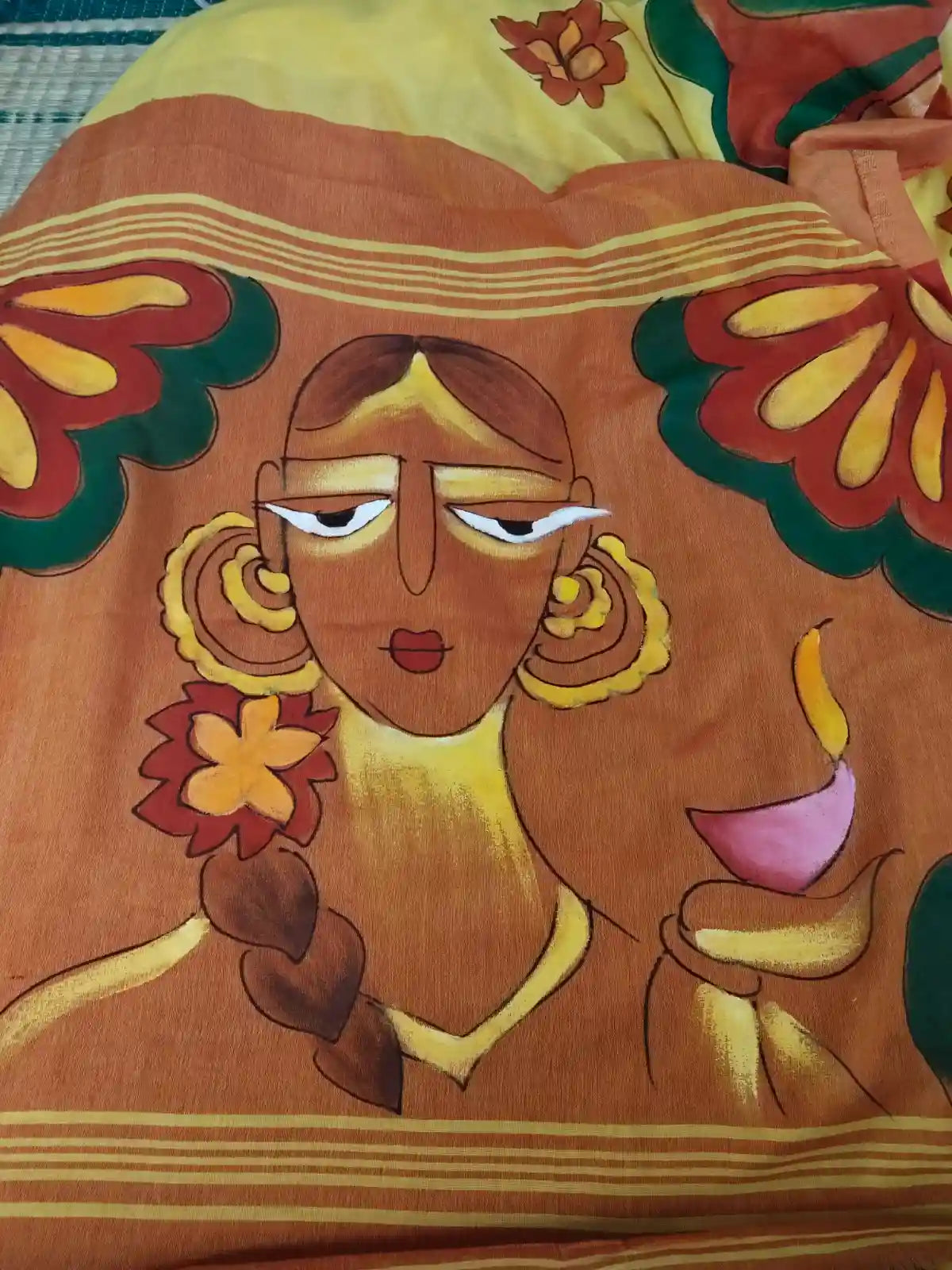 Pallu of Yellow Hand Painted Cotton Saree