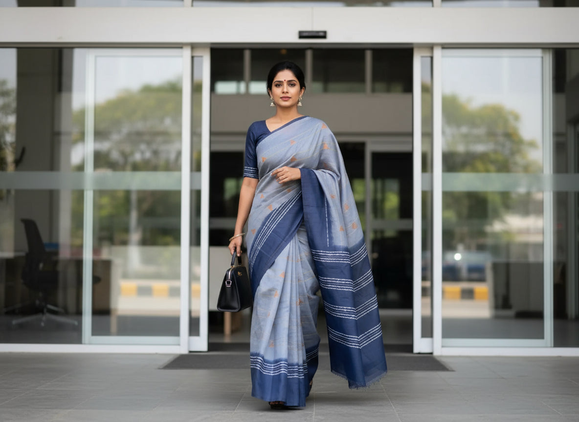 Pallu of Pastel & Navy Blue Cotton Viscose Saree