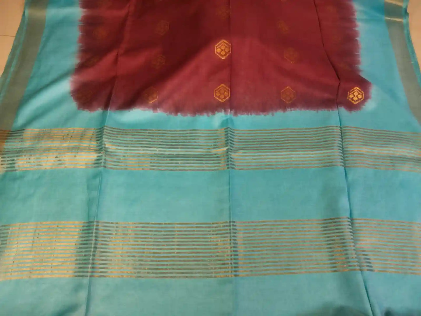 Pallu of Dark Maroon & Blue Cotton Viscose Saree