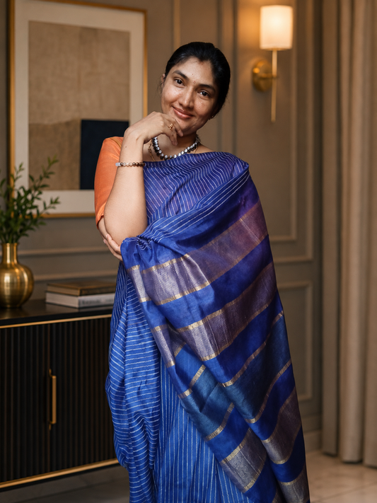 Blue Cotton Silk Saree with Ghichha Work