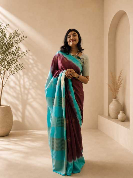 Dark Maroon & Blue Cotton Viscose Saree