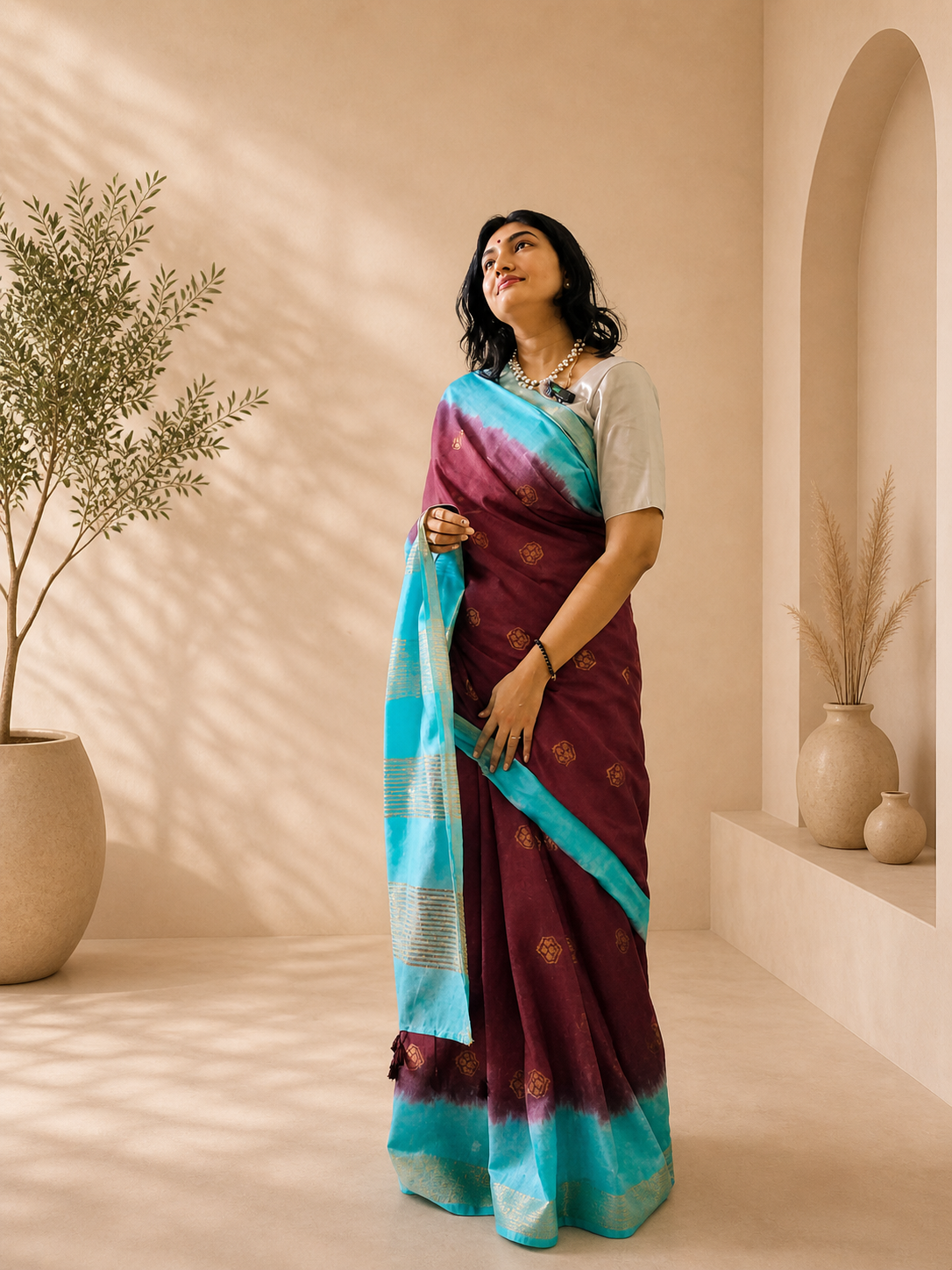 Dark Maroon & Blue Cotton Viscose Saree