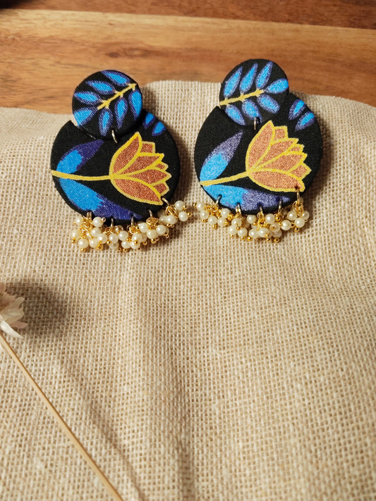Blue & Orange Fabric Handpainted Floral Earrings