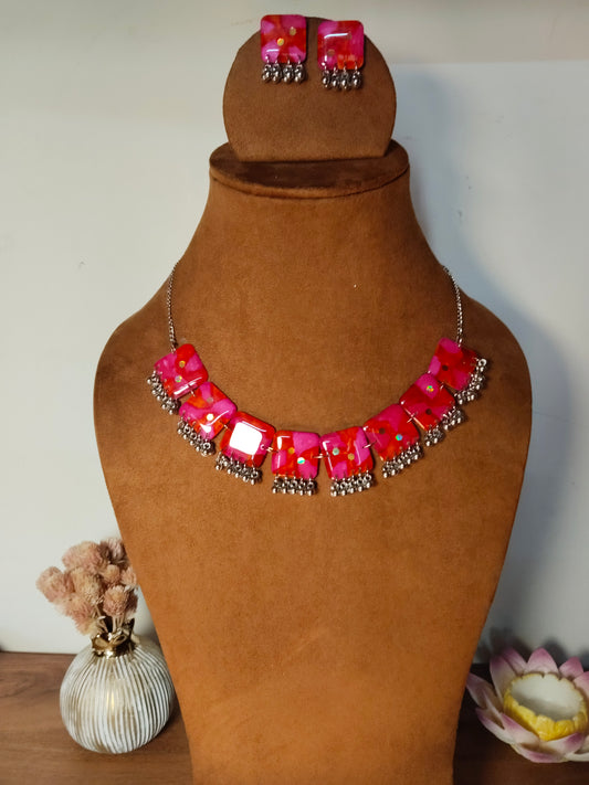 Shades of Pink & Silver Resin Necklace Set