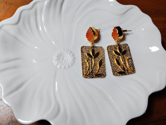 Carnelian Raw Stone Gold Polished Earrings