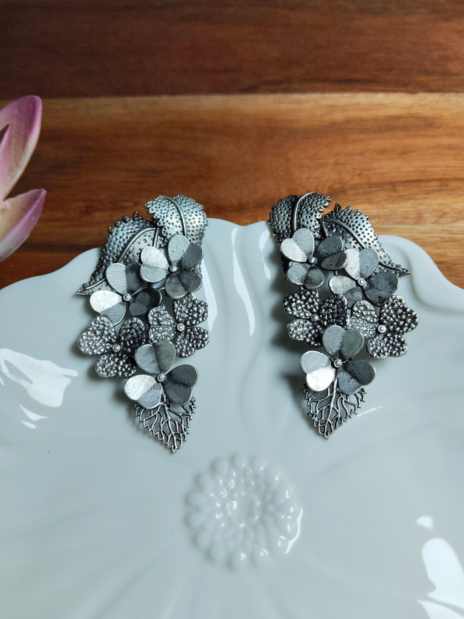 Oxidised Silver Plated Handcrafted Floral Drop Earrings