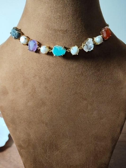 Pearl & Raw Stone Gold Polished Choker