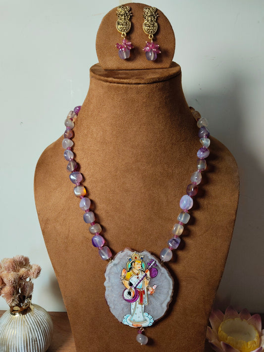 Goddess Saraswathi Handpainted Agate Pendant with Purple Onyx Beads Necklace Set