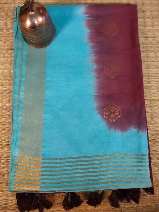 Dark Maroon & Blue Cotton Viscose Saree