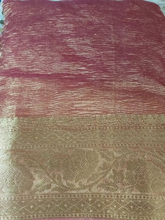 Rust Handwoven Crushed Tissue Saree with Zari Border
