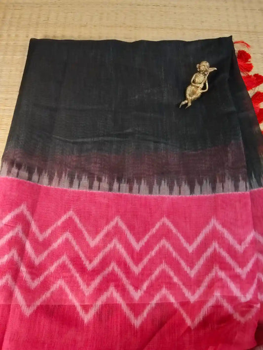 Black & Pink Linen Blend Ikat and Kalamkari Print Saree