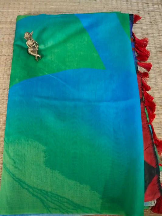 Green Linen Lord Krishna Print Saree