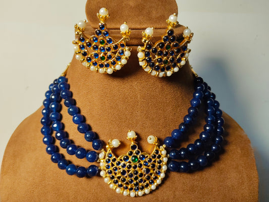 Blue Green Kemp and Blue Bead & Pearl Crescent Necklace Set