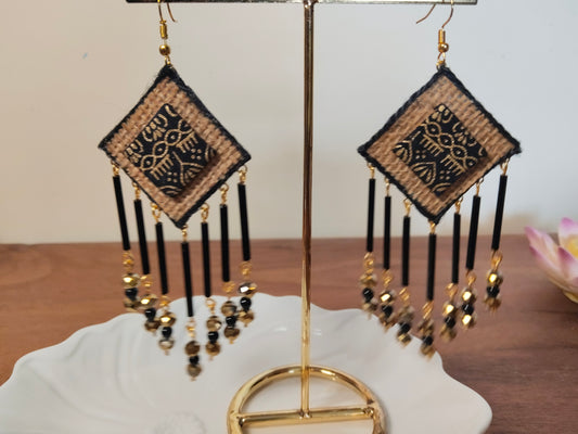 Black & Gold Fabric with Jute Boho Statement Earrings