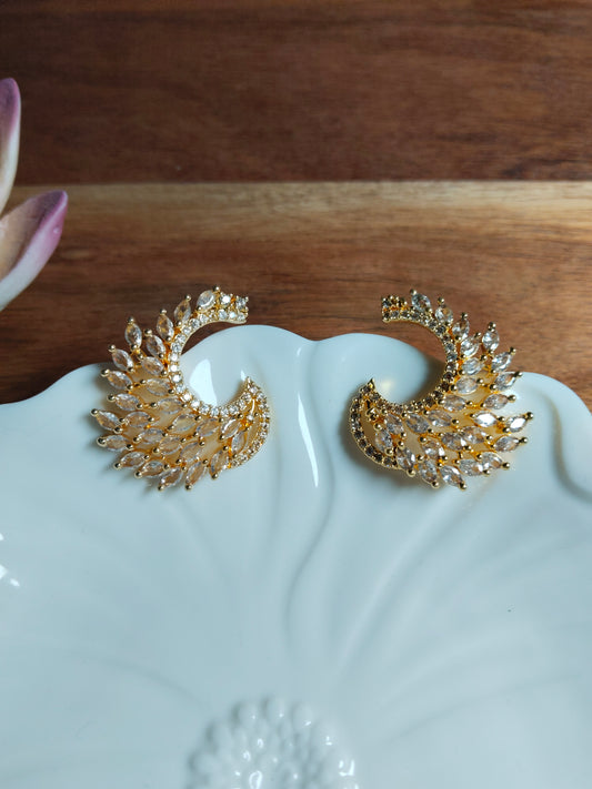 18K Gold Plated Cubic Zirconia Studded Feather Shaped Studs