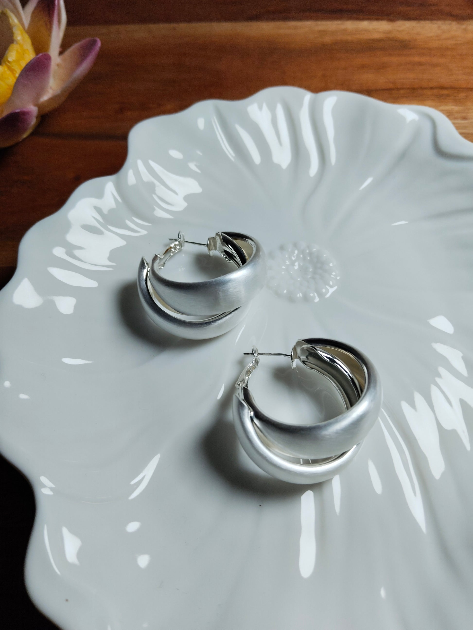 Rhodium Plated Matte Finish Hoop Earrings