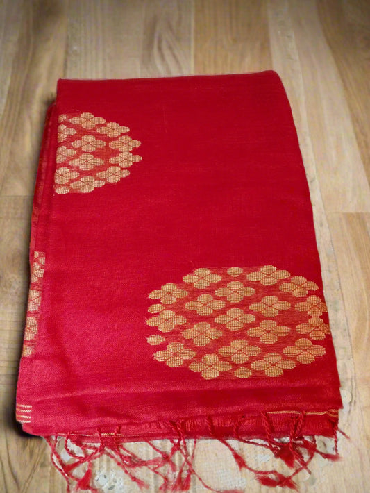 Red & Gold Handwoven Linen Saree with Floral Butis