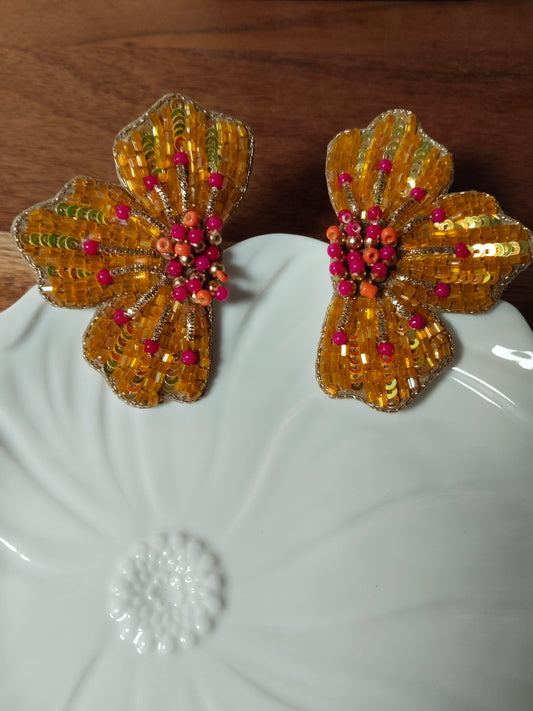 Mustard Orange & Pink Fabric and Beads Earrings
