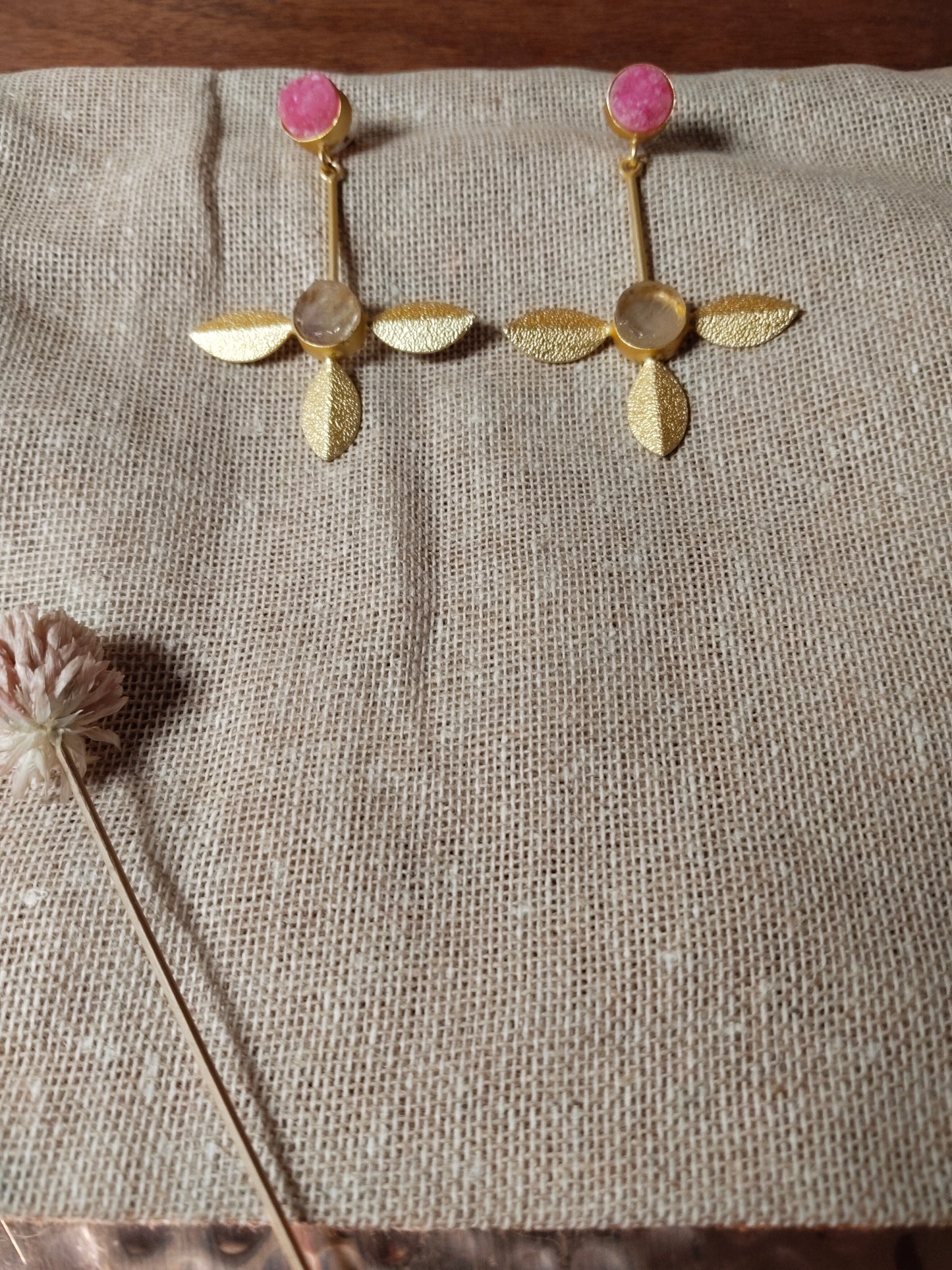 Pink & White Druzy Textured Gold Earrings