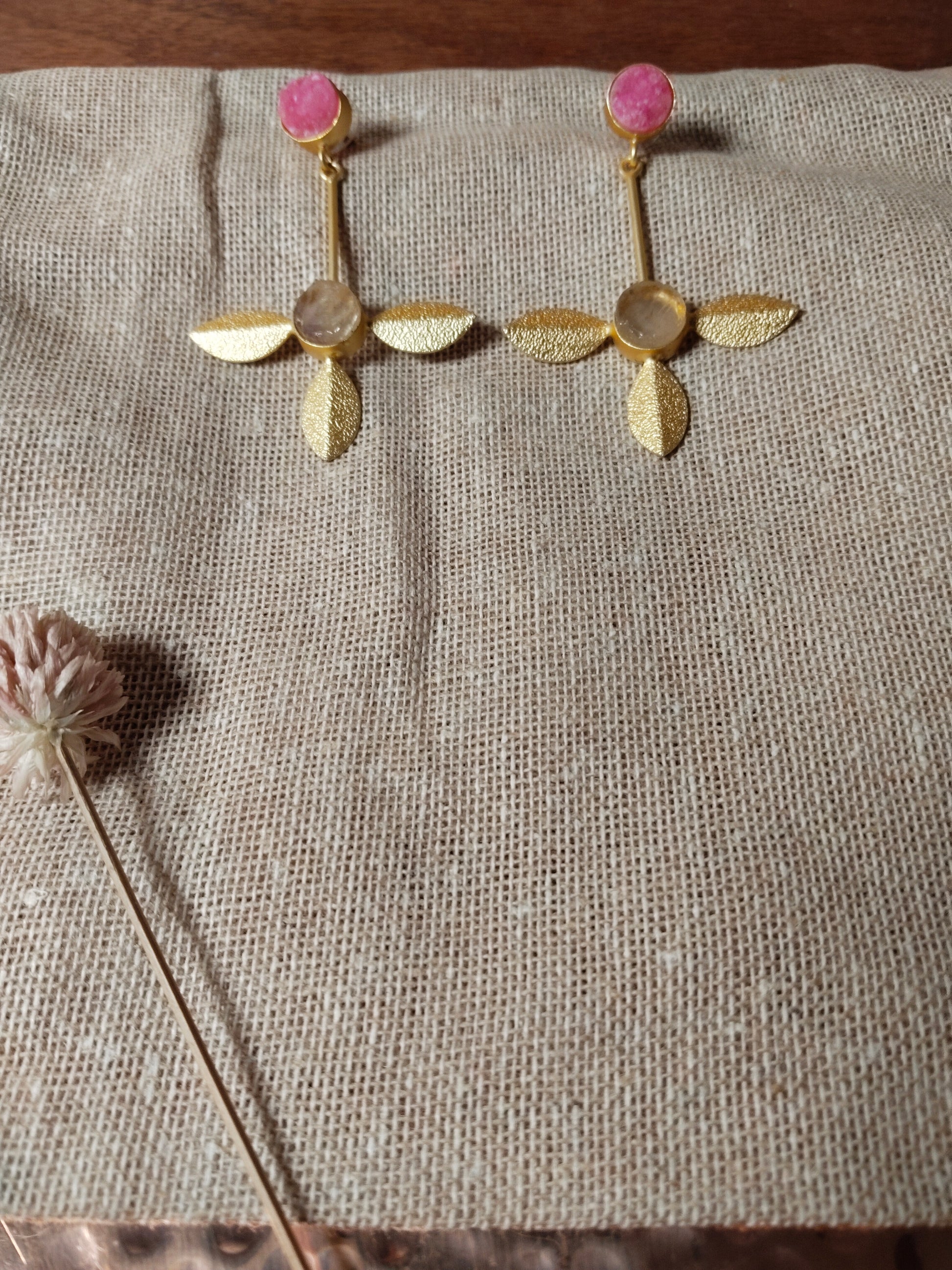 Pink & White Druzy Textured Gold Earrings