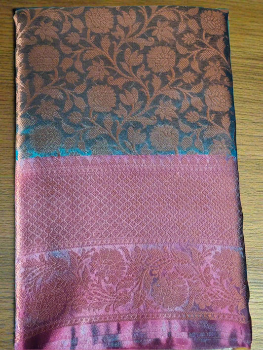 Blue & Pink Handwoven Tissue Saree with Zari Jaal Design