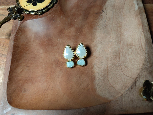 Baroque Pearl & Moonstone Raw Stone Gold Polished Earrings