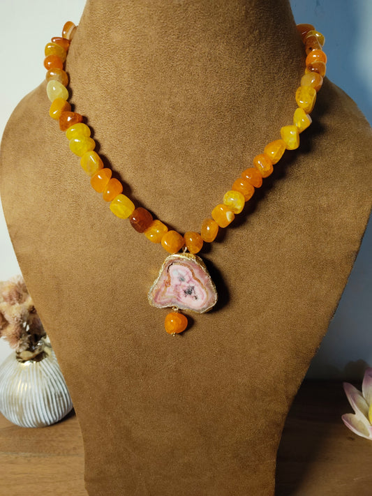 Agate Pendant with Orange Onyx Beaded Chain