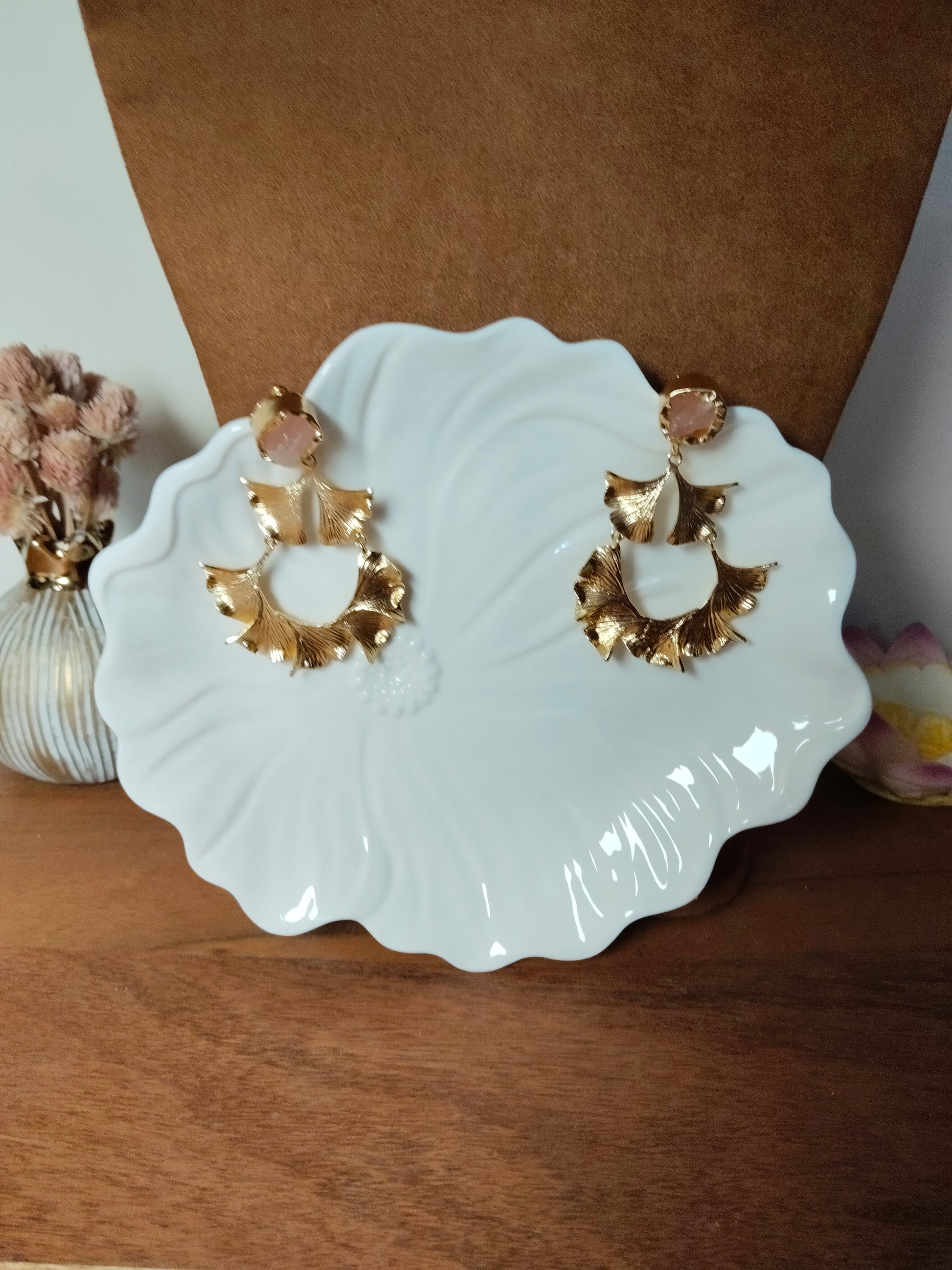 Light Pink Raw Stone & Gold Gingko Leaves Earrings