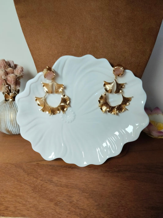 Light Pink Raw Stone & Gold Gingko Leaves Earrings