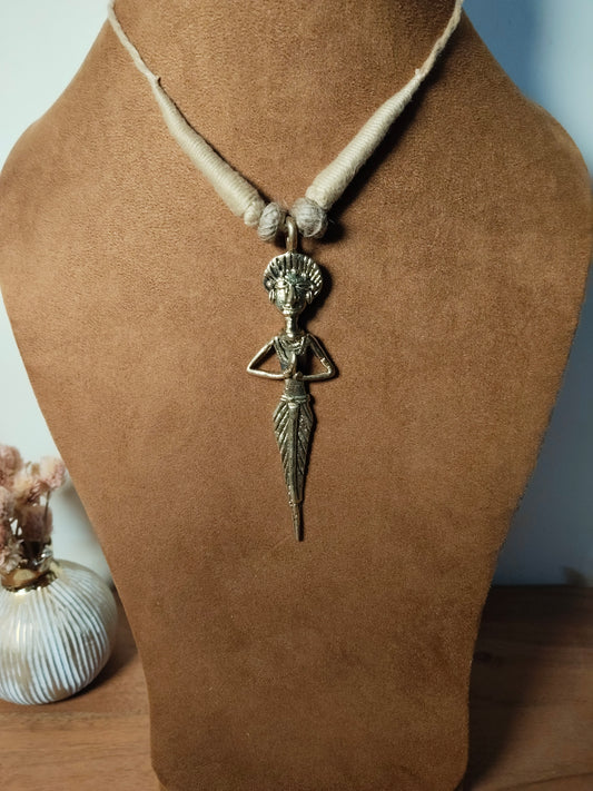 Dhokra Beige Thread & Brass Tribal Necklace