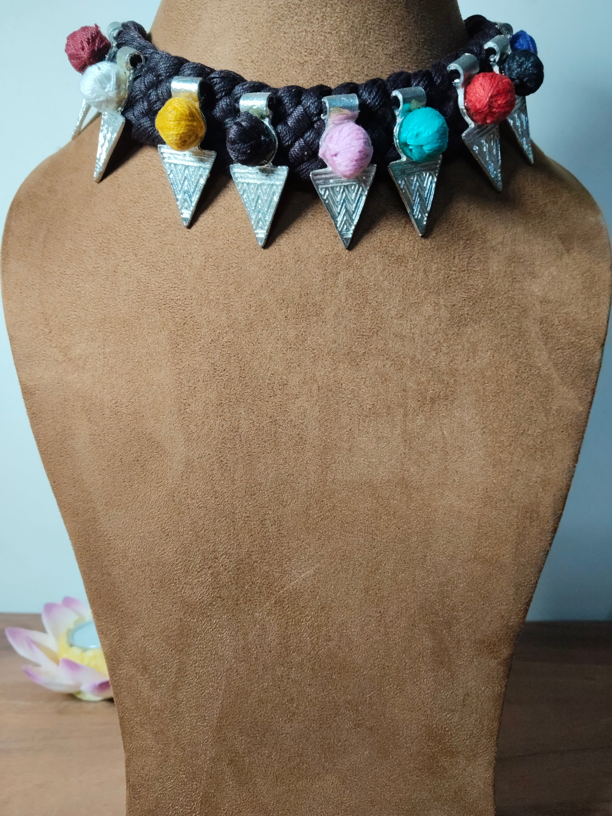 Brown & Multi Color Thread with German Silver Tribal Choker Necklace