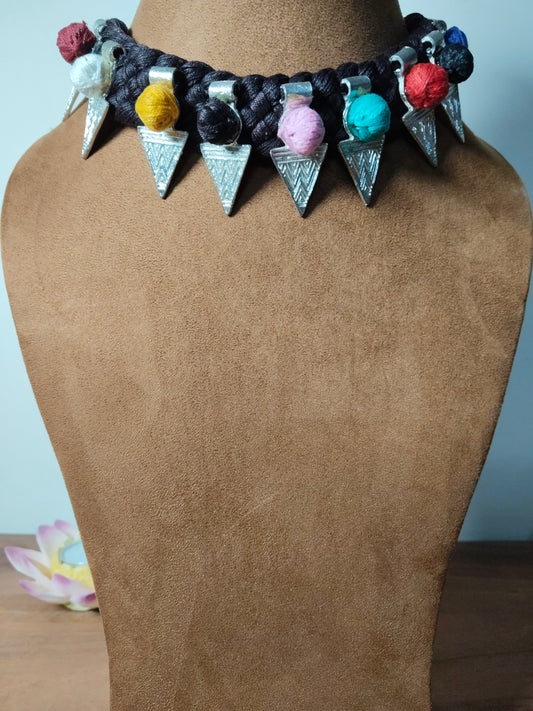 Brown & Multi Color Thread with German Silver Tribal Choker Necklace