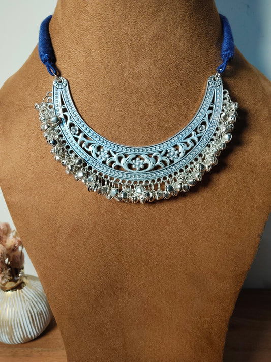 Blue Threaded Silver Choker Necklace