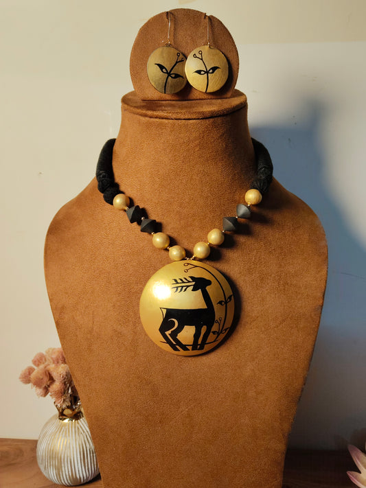 Gold & Black Terracota Handpainted Deer Necklace Set