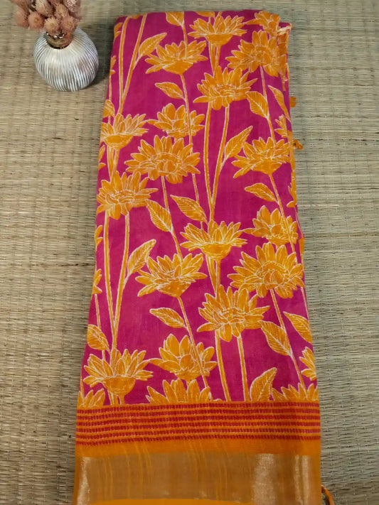Pink & Mustard Yellow Cotton Saree
