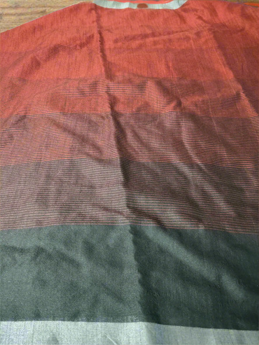 Black & Red Linen Blend Striped Saree