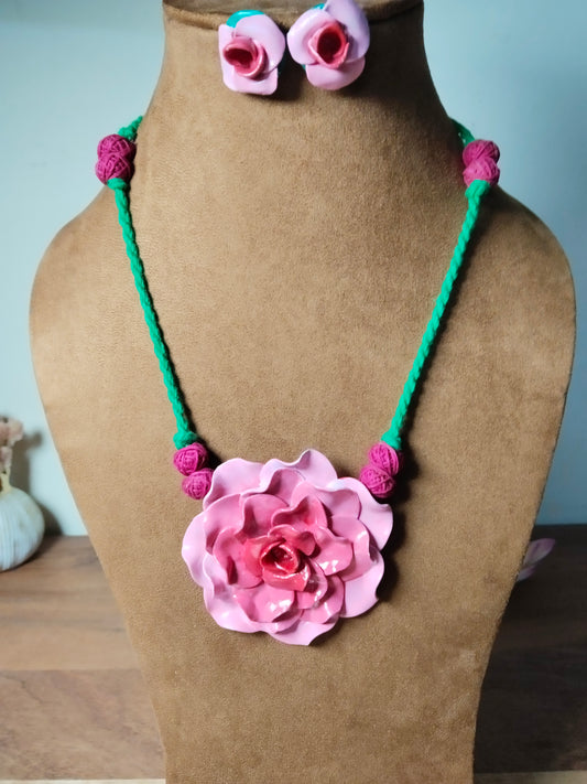 Pink Clay Rose Pendant Chain & Studs