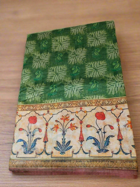 Green Linen Blend Block Print Saree with Kalamkari Print Pallu