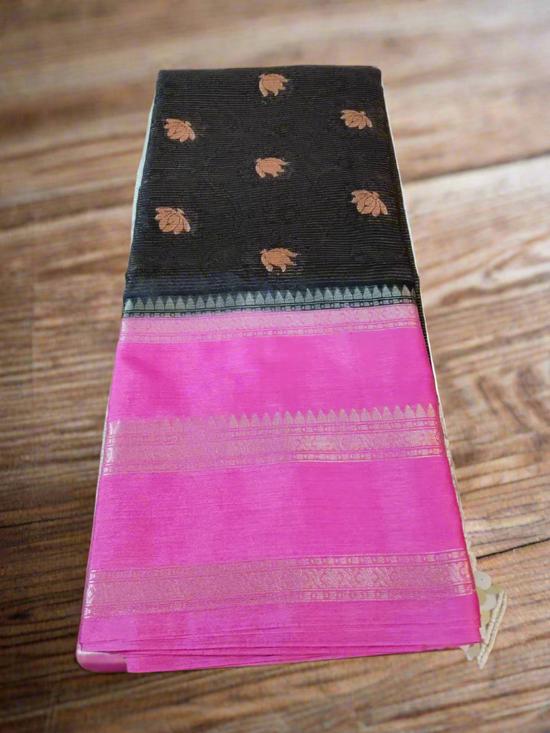 Black & Pink Handwoven Semi Silk Saree