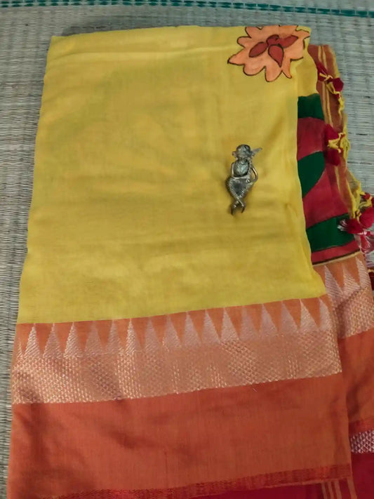 Yellow Hand Painted Cotton Saree