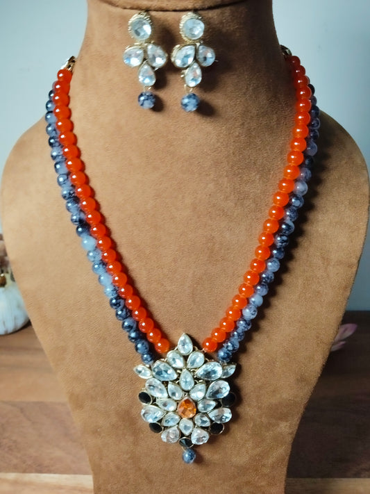 Orange & Gray Beaded Kundan Necklace Set