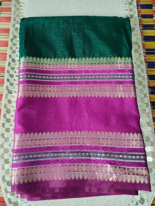 Deep Green & Pink Handwoven Semi Silk Saree