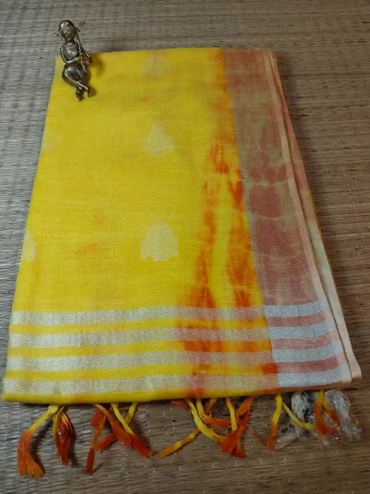 Yellow Cotton Linen Shibori Saree