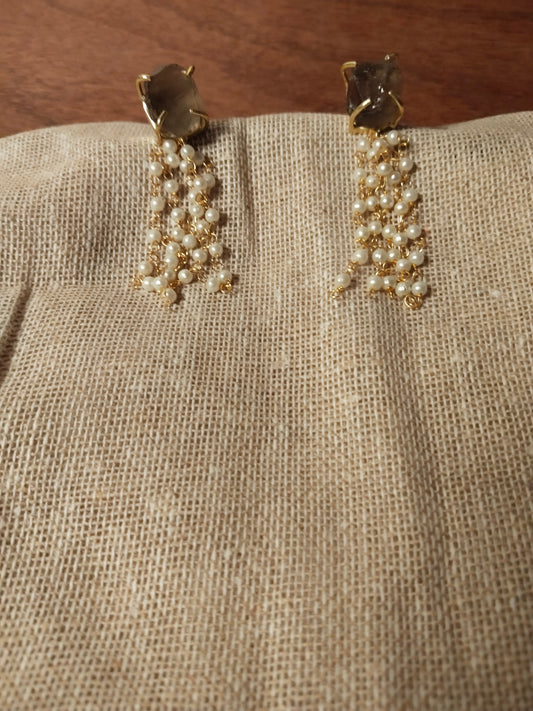 Smoky Quartz Pearl Tassel Raw Stone Earrings