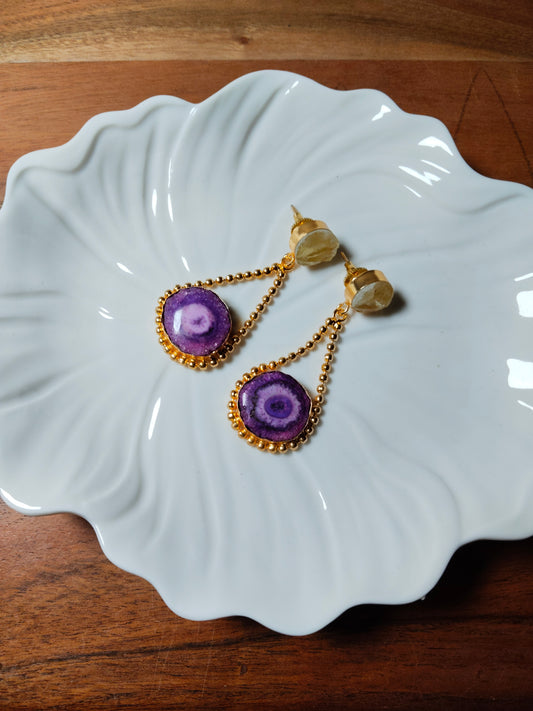 Lemon Quartz & Purple Agate Stone Gold Polished Earrings
