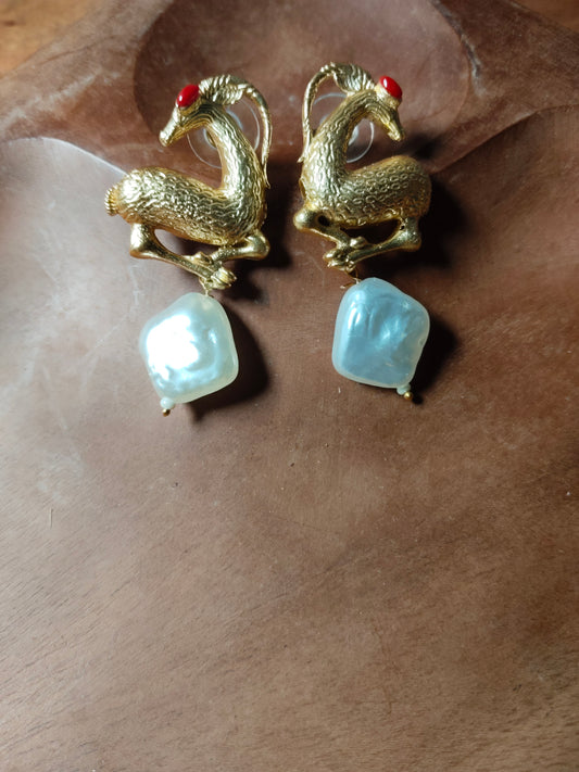 Gold Polished Pearl Deer Earrings