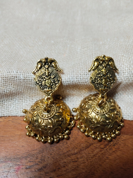 Gold Lord Krishna Antique Finish Jhumkas