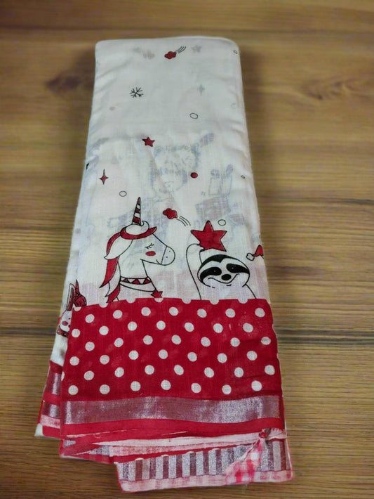 Cream & Red Organic Linen Christmas Theme Saree